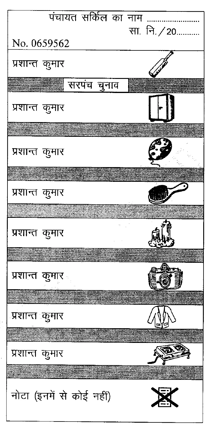 राज्य निर्वाचन आयोग के आदेश 21/2026 में सरपंच चुनाव के मतपत्र का नमूना: आखिरी खाना नोटा (इनमें से कोई नहीं), क्रॉस लगे मतपत्र के चिन्ह के साथ