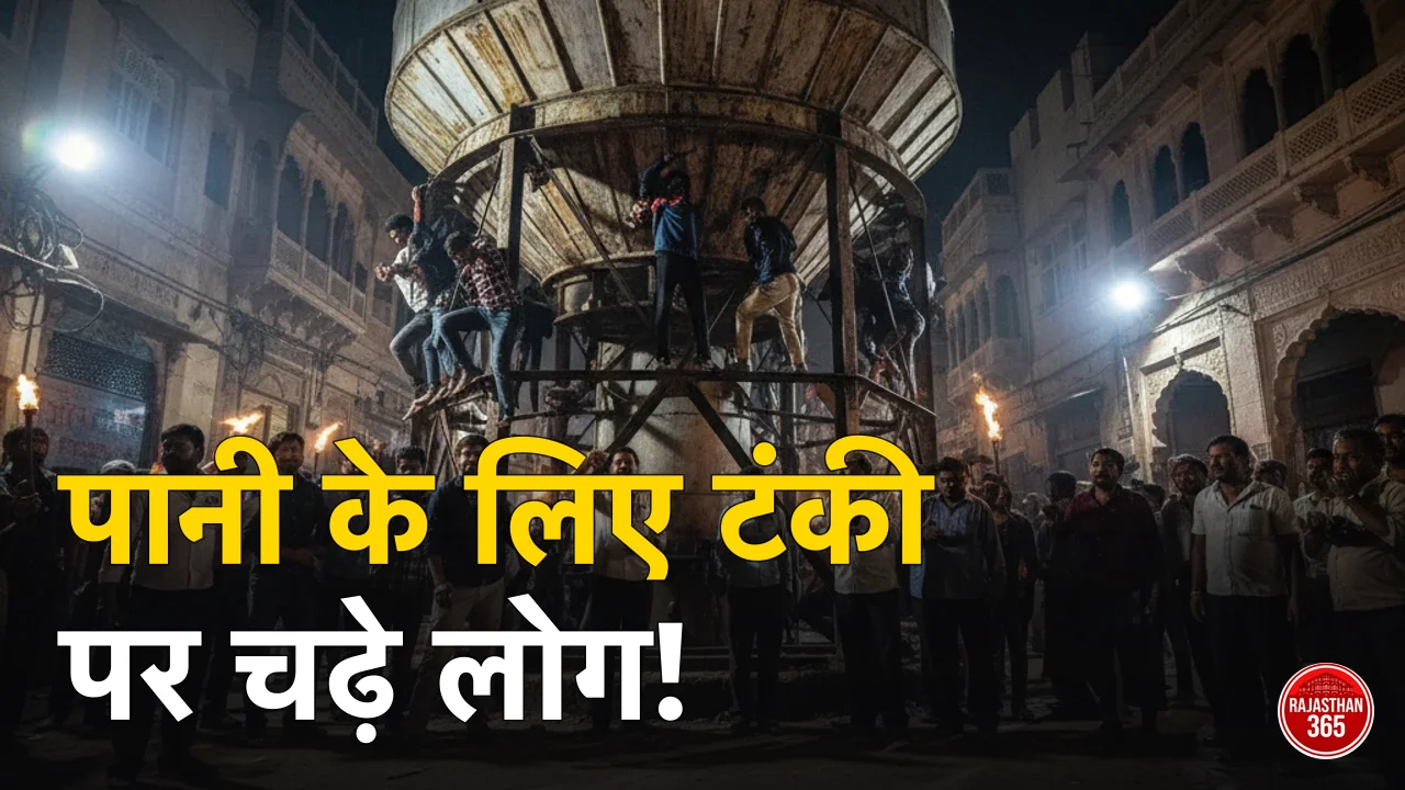 बीकानेर में पानी की किल्लत से परेशान सर्वोदय बस्ती के लोग नयाशहर पानी टंकी पर बैठकर विरोध प्रदर्शन करते हुए।