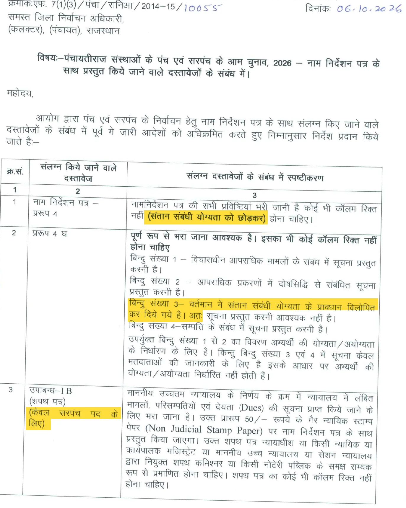 राज्य निर्वाचन आयोग का आदेश 10055: पंच-सरपंच के नामांकन के साथ प्ररूप 4, प्ररूप 4घ और सिर्फ सरपंच के लिए उपाबंध-1B शपथ पत्र