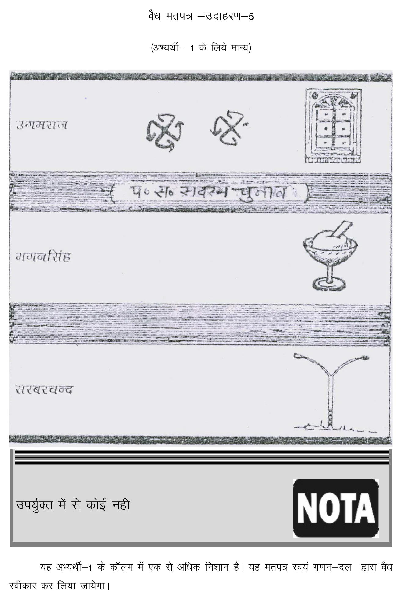 राज्य निर्वाचन आयोग का वैध मतपत्र उदाहरण 5, जिसमें पहले उम्मीदवार के खाने में दो मुहरें हैं और मतपत्र वैध है