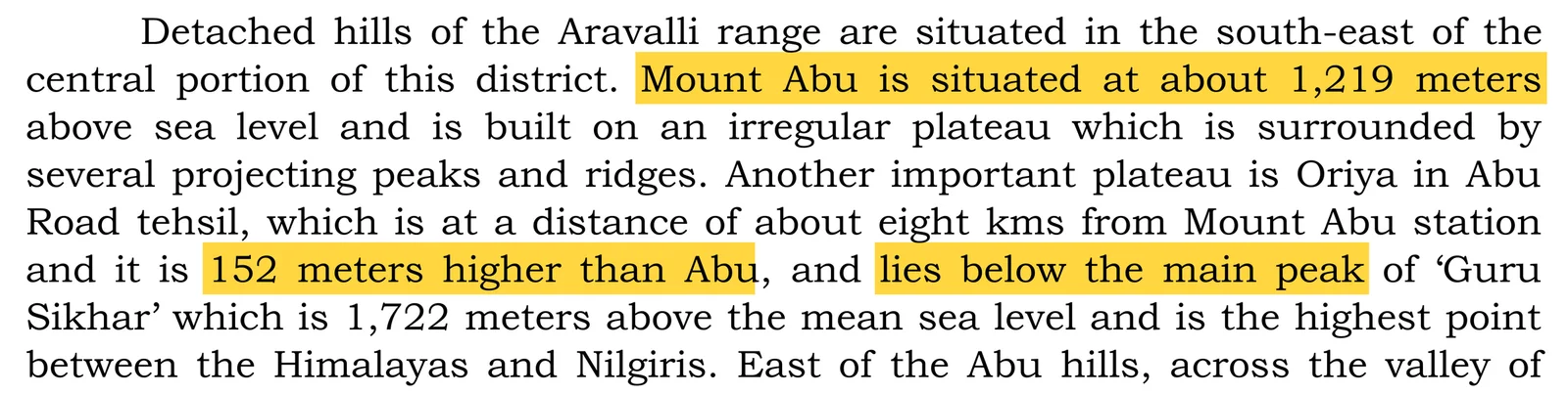 जिला जनगणना पुस्तिका सिरोही 2011 की कटिंग: Mount Abu is situated at about 1,219 meters, Oriya 152 meters higher than Abu, lies below the main peak