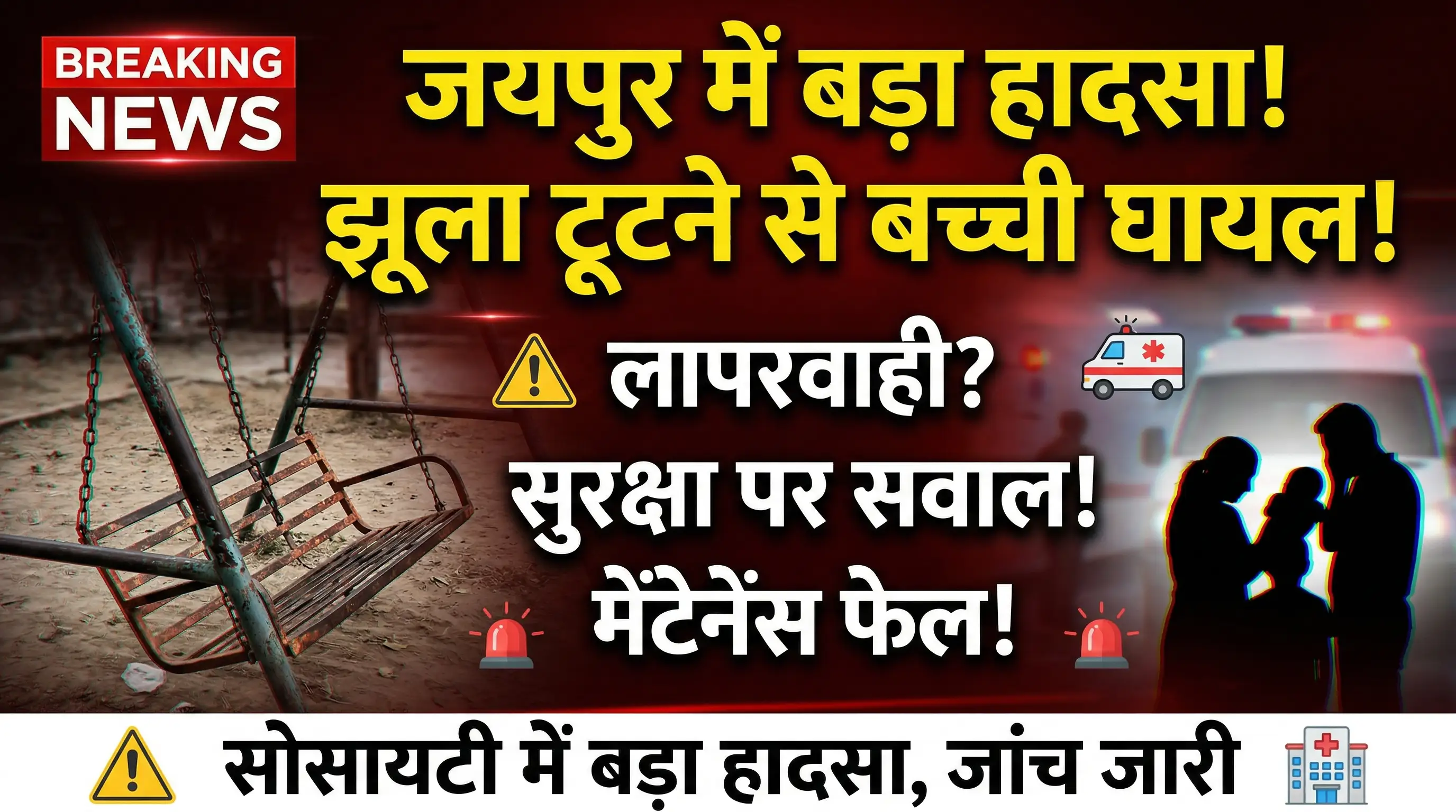 जयपुर के सनसिटी अपार्टमेंट में बड़ा हादसा: झूला टूटने से 12 साल की मासूम गंभीर घायल, मेंटेनेंस के नाम पर वसूली पर उठे सवाल