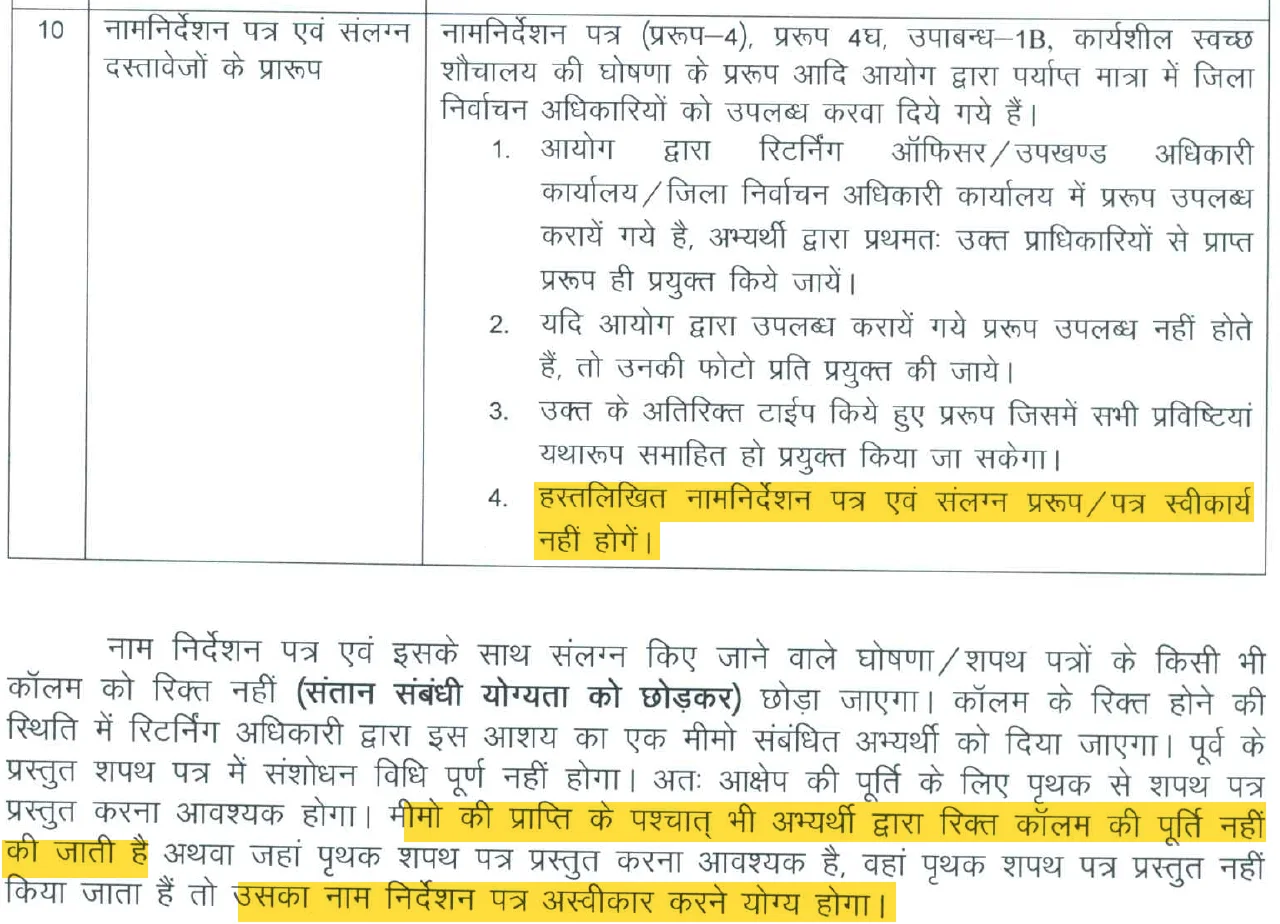 आयोग के आदेश 10055 का बिंदु 10: फॉर्म कहां से मिलेंगे, हस्तलिखित नामांकन पत्र स्वीकार्य नहीं, खाली खाना छोड़ने पर मेमो