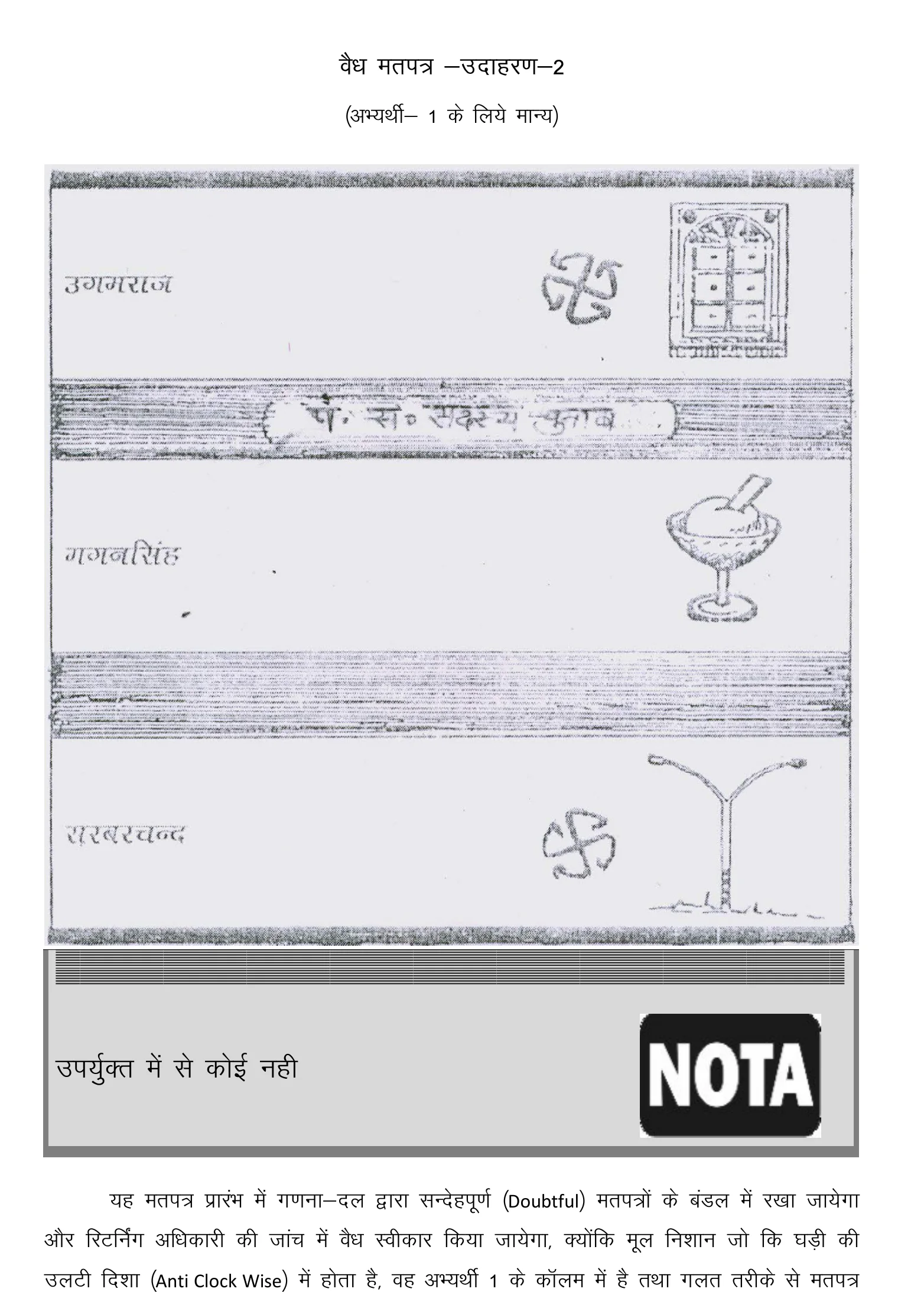 राज्य निर्वाचन आयोग का वैध मतपत्र उदाहरण 2, जिसमें मोड़ने से मुहर की छाप तीसरे उम्मीदवार के खाने में आ गई पर वोट पहले उम्मीदवार को गिना गया