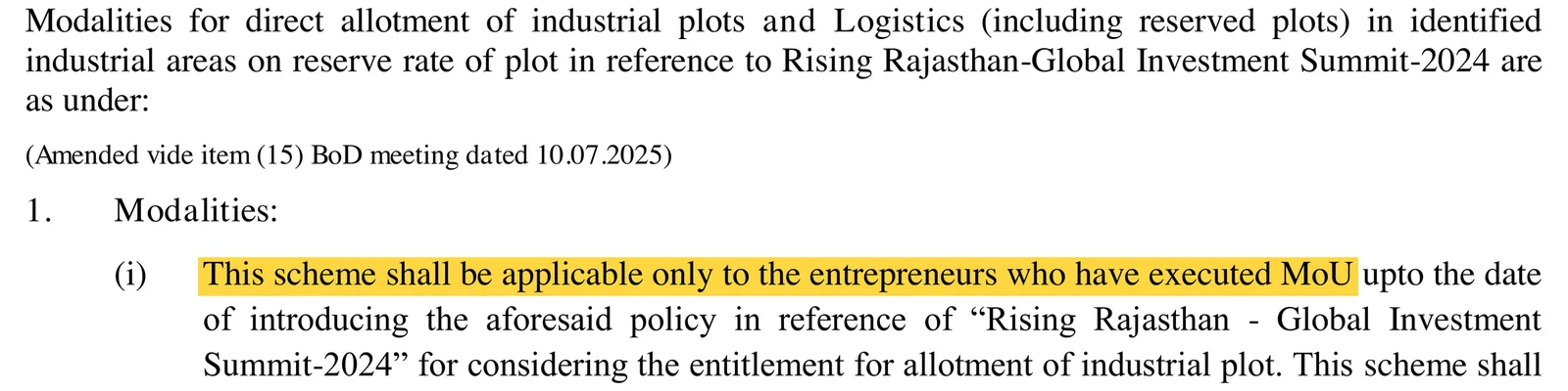 RIICO भूमि निपटान नियम 1979, नियम 3(AJ): प्रत्यक्ष आवंटन योजना सिर्फ राइजिंग राजस्थान 2024 में MoU करने वाले उद्यमियों के लिए