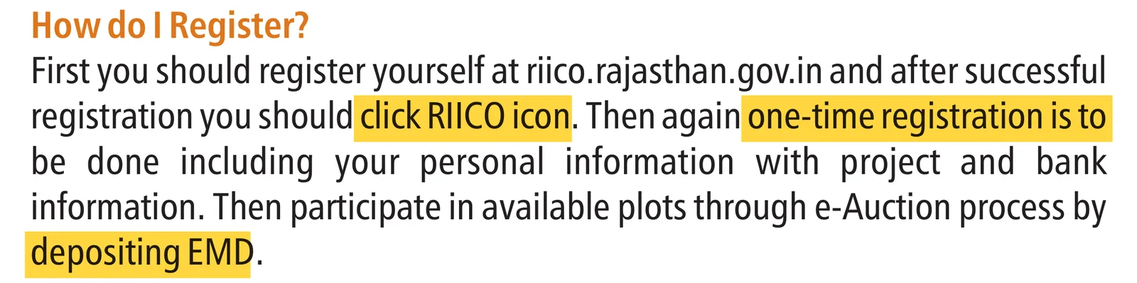 RIICO ई-नीलामी पुस्तिका: रजिस्ट्रेशन के बाद RIICO आइकन, एक बार का रजिस्ट्रेशन और EMD जमा करके ई-नीलामी में भाग
