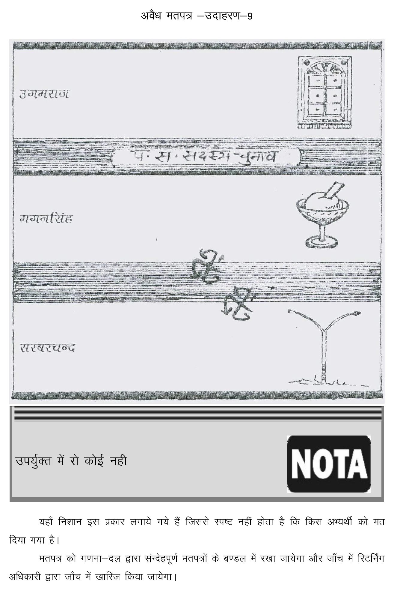 राज्य निर्वाचन आयोग का अवैध मतपत्र उदाहरण 9, जिसमें मुहर दो उम्मीदवारों के बीच लगी है और साफ नहीं कि वोट किसे दिया