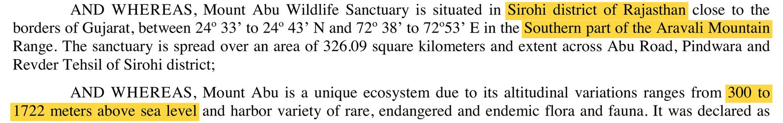 भारत का राजपत्र S.O. 4047(E) की कटिंग: Mount Abu Wildlife Sanctuary, Sirohi district, Southern part of the Aravali Mountain Range, altitude 300 to 1722 meters