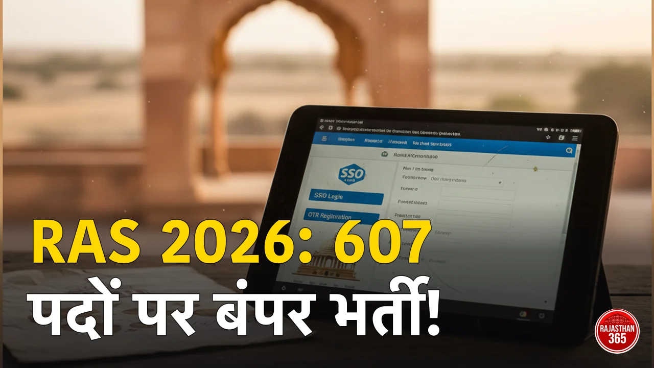 RAS 2026 Online Form कैसे भरें — SSO Rajasthan व OTR से RPSC State Service आवेदन के step-by-step चरण दर्शाता ग्राफिक