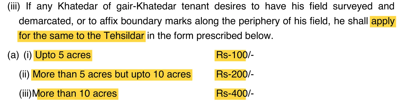 भू-अभिलेख नियम 34(iii): खेत के सीमांकन का आवेदन तहसीलदार को, फीस 5 एकड़ तक 100, 10 एकड़ तक 200 और उससे ज्यादा पर 400 रुपये